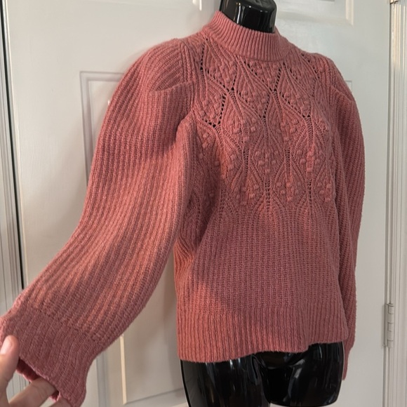 A New Day Puff Sleeve Sweater Dusty Rose Pink Crochet 100% Recycled Size Small - Picture 2 of 7